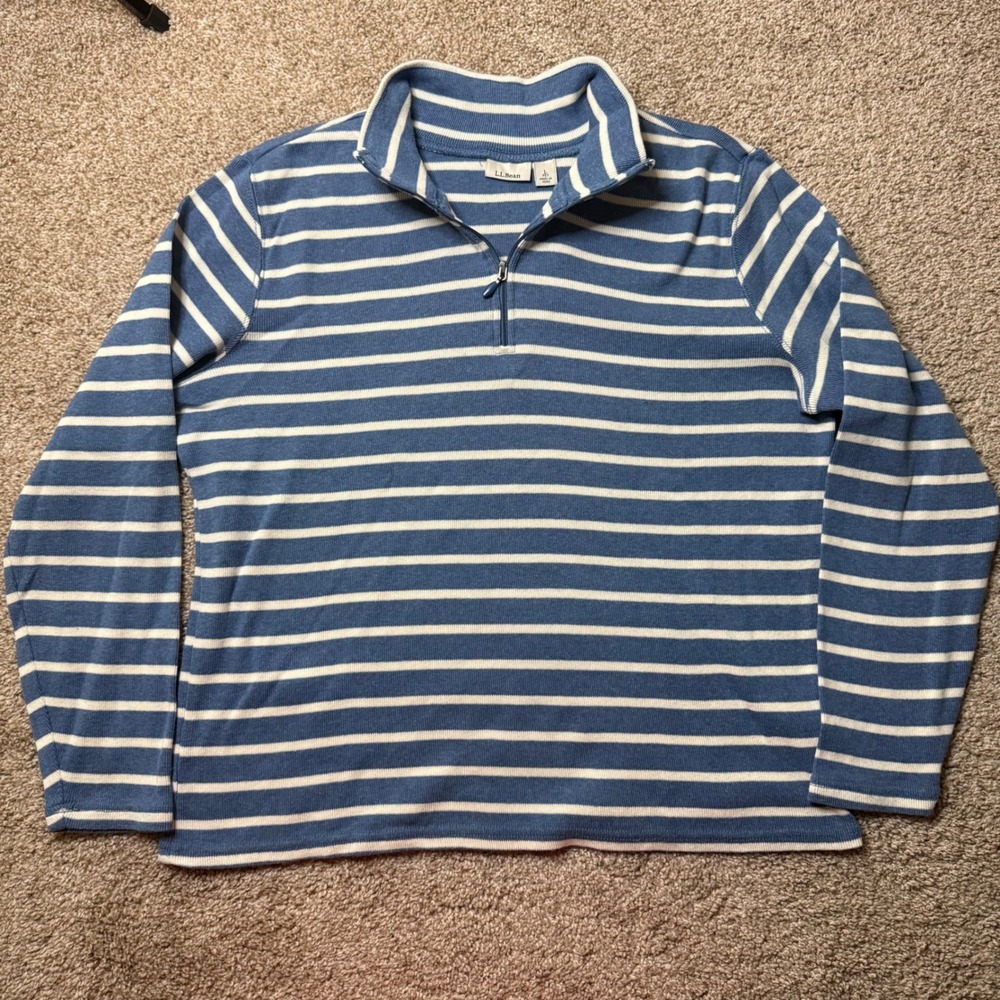 LL Bean Quarter Zip Pullover Women Large Petite Blue White Striped 296999